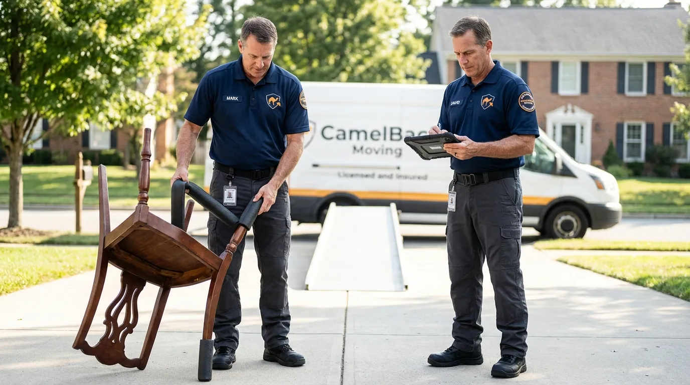Movers inspecting furniture for damage prevention before loading in Webb City, MO