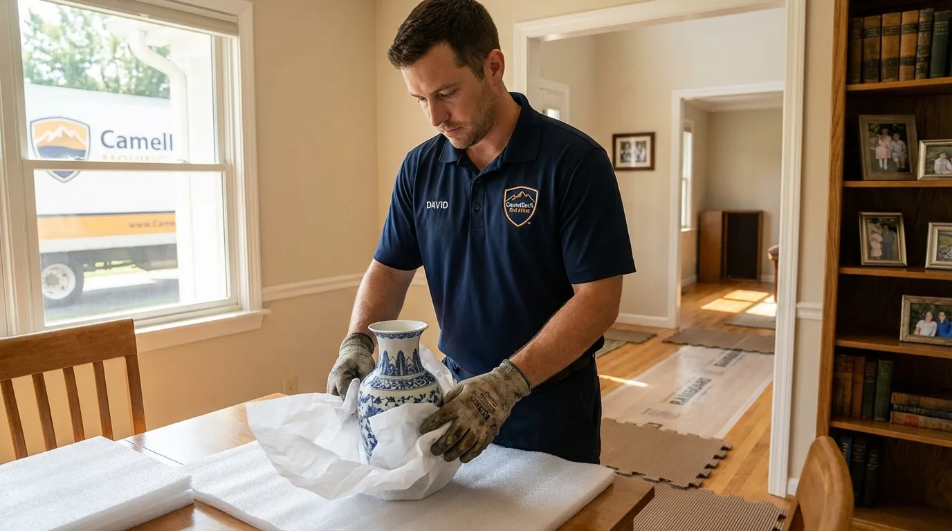 Professional crew carefully wrapping antique vase for senior downsizing move in Webb City, MO